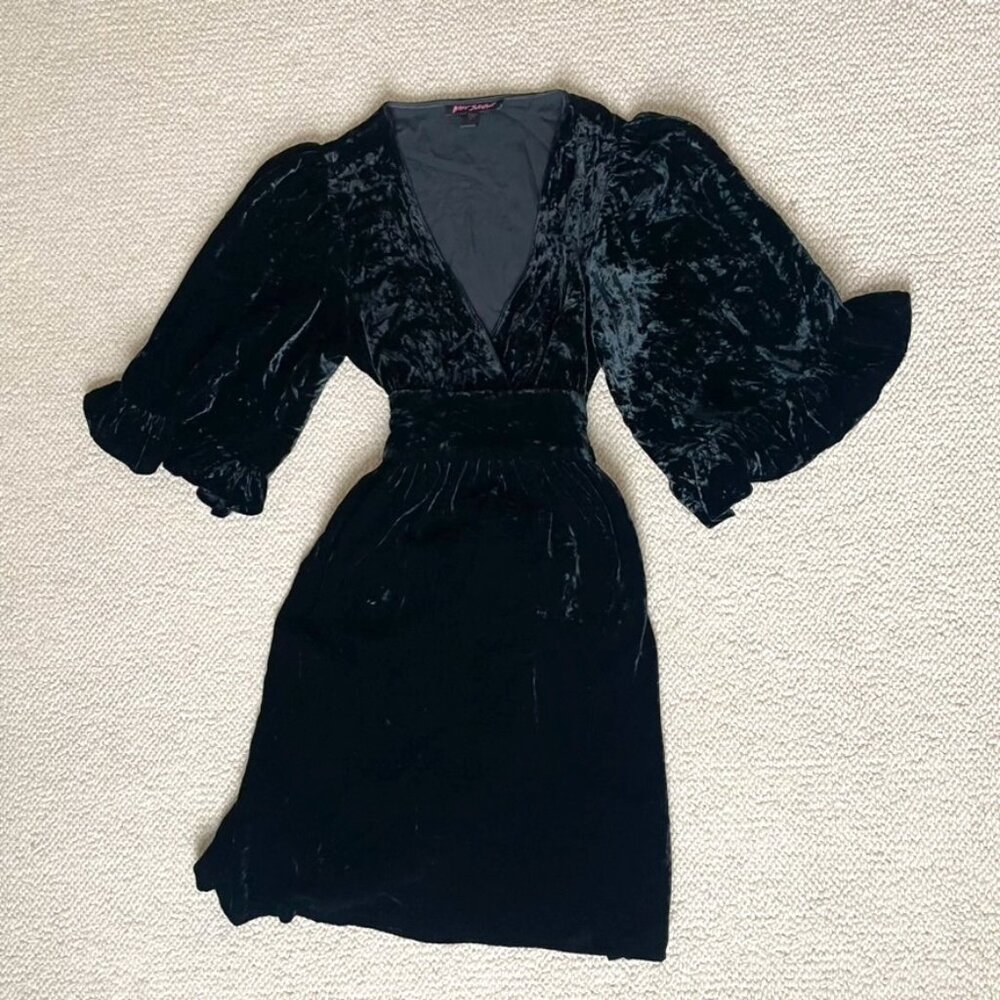 Betsey Johnson black velvet mini dress with tie back bow and deep V neckline 4